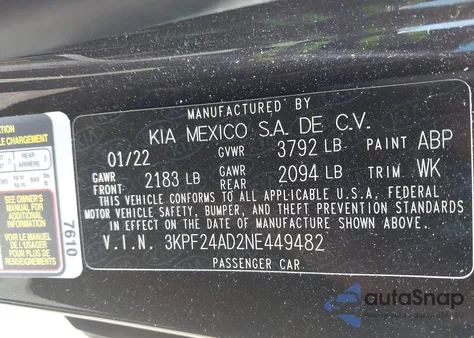 2022 Kia Forte Lxs из США, поврежденный, VIN 3KPF24AD2NE449482